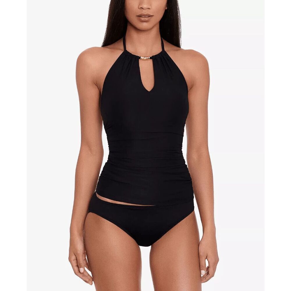 Lauren Ralph Lauren Women's High Neck Tummy Control Tankini Top - Black 10
